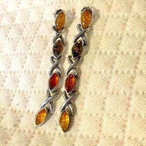 Vintage Sterling Silver Multicolor Amber Drop Earrings